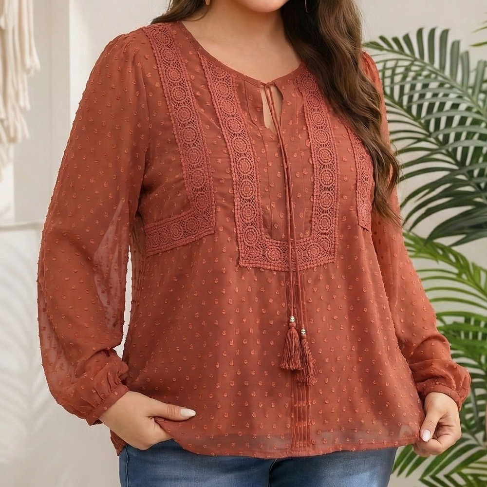 Miss Me Swiss Dot Blouse Women Large Rust Good Boho Crochet Tassel